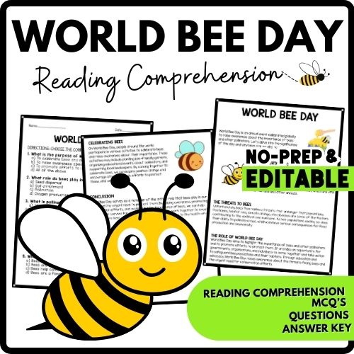 World Bee Day Reading Comprehension Worksheet-Printable and Editable