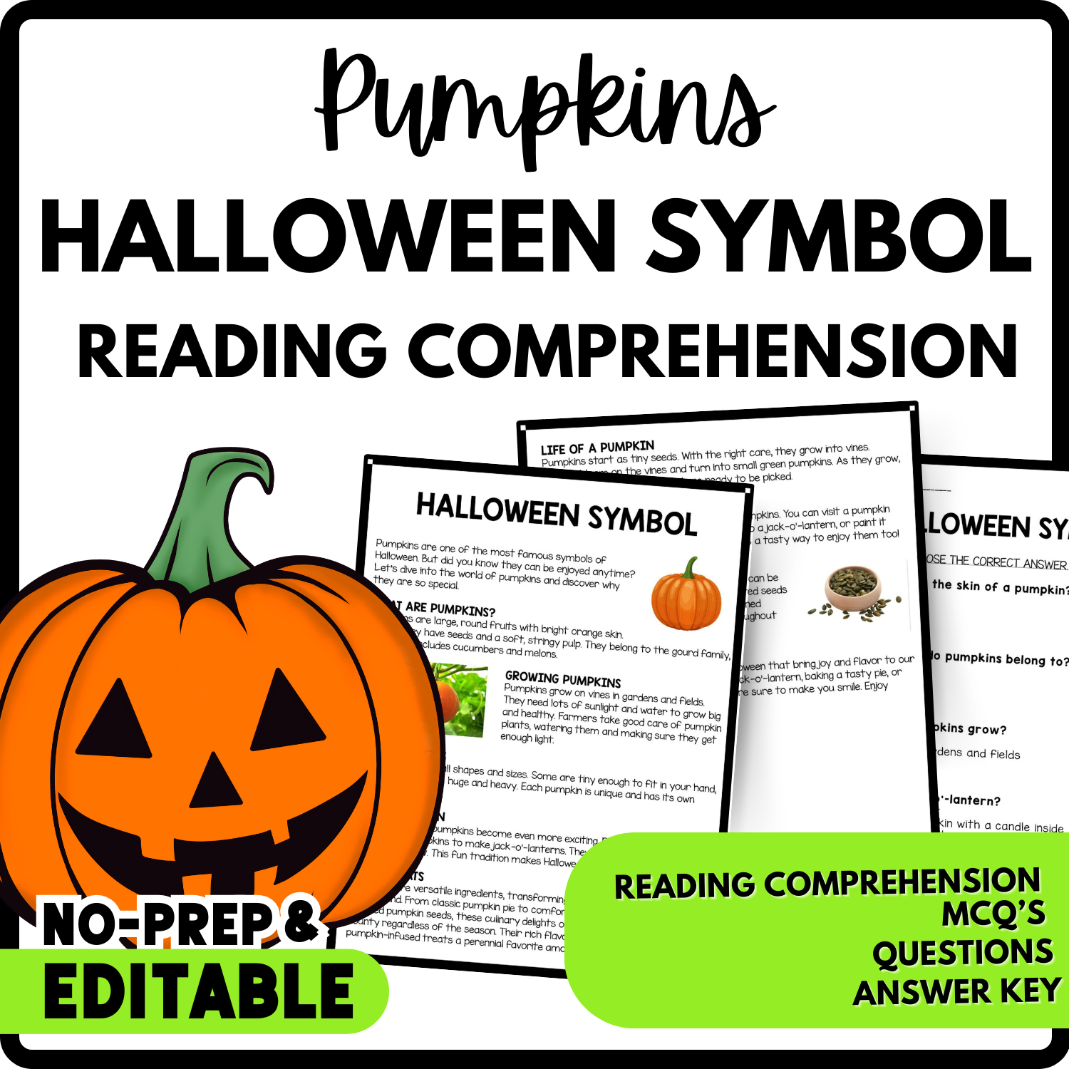 Halloween Symbol Reading Comprehension Worksheet-Printable and Editable