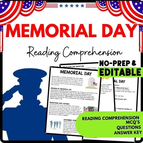 Memorial Day Reading Comprehension Worksheet-Printable and Editable