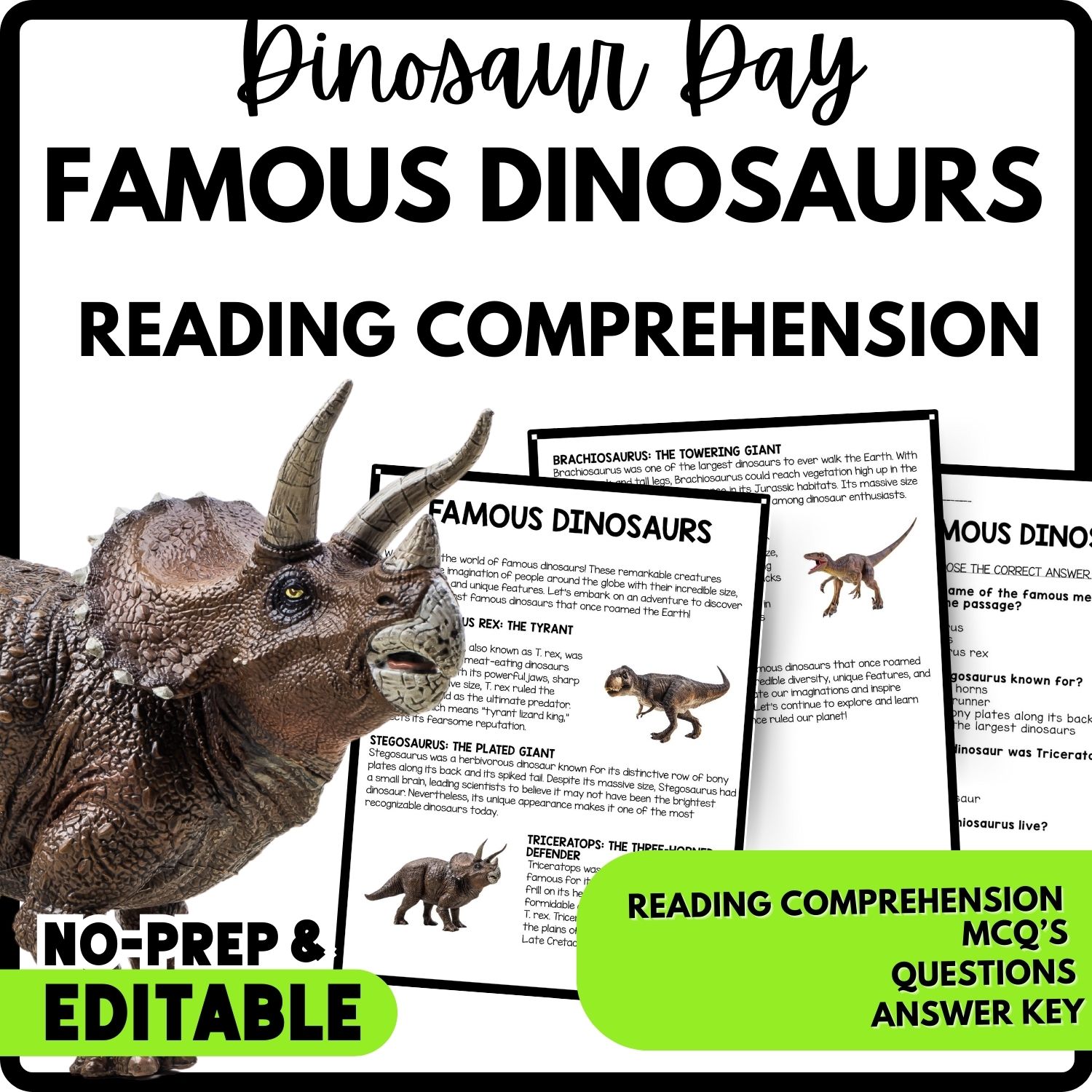 Famous Dinosaurs Reading Comprehension Worksheet-Printable and Editable
