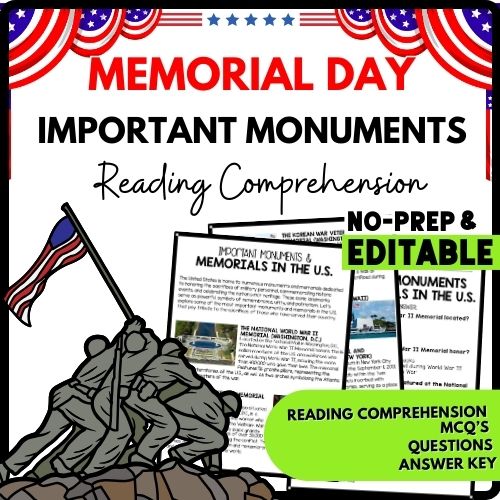 Important Monuments and Memorials in the U.S. Reading Comprehension Worksheet-Printable and Editable