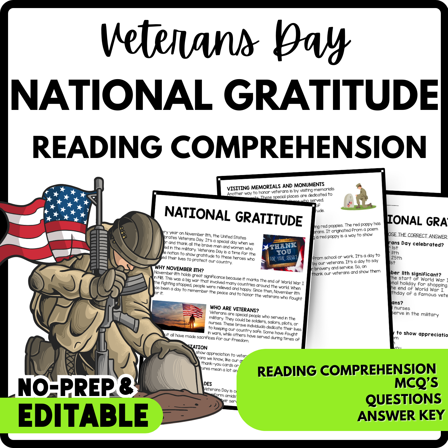 National Gratitude Reading Comprehension Worksheet-Printable and Editable