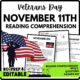 November 11th Reading Comprehension Worksheet-Printable and Editable