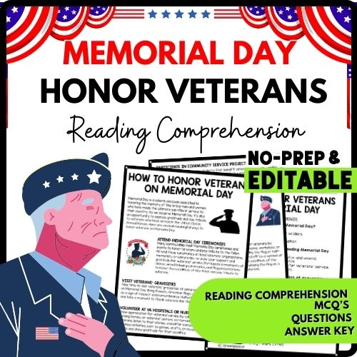 How to Honor Veterans on Memorial Day? Reading Comprehension Worksheet-Printable and Editable