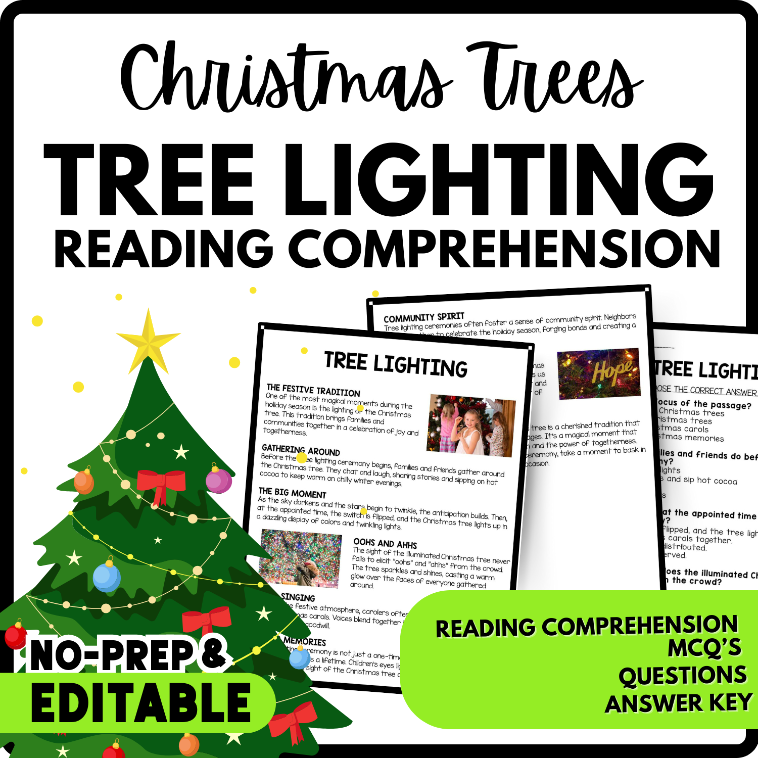 Tree Lighting Reading Comprehension Worksheet-Printable and Editable