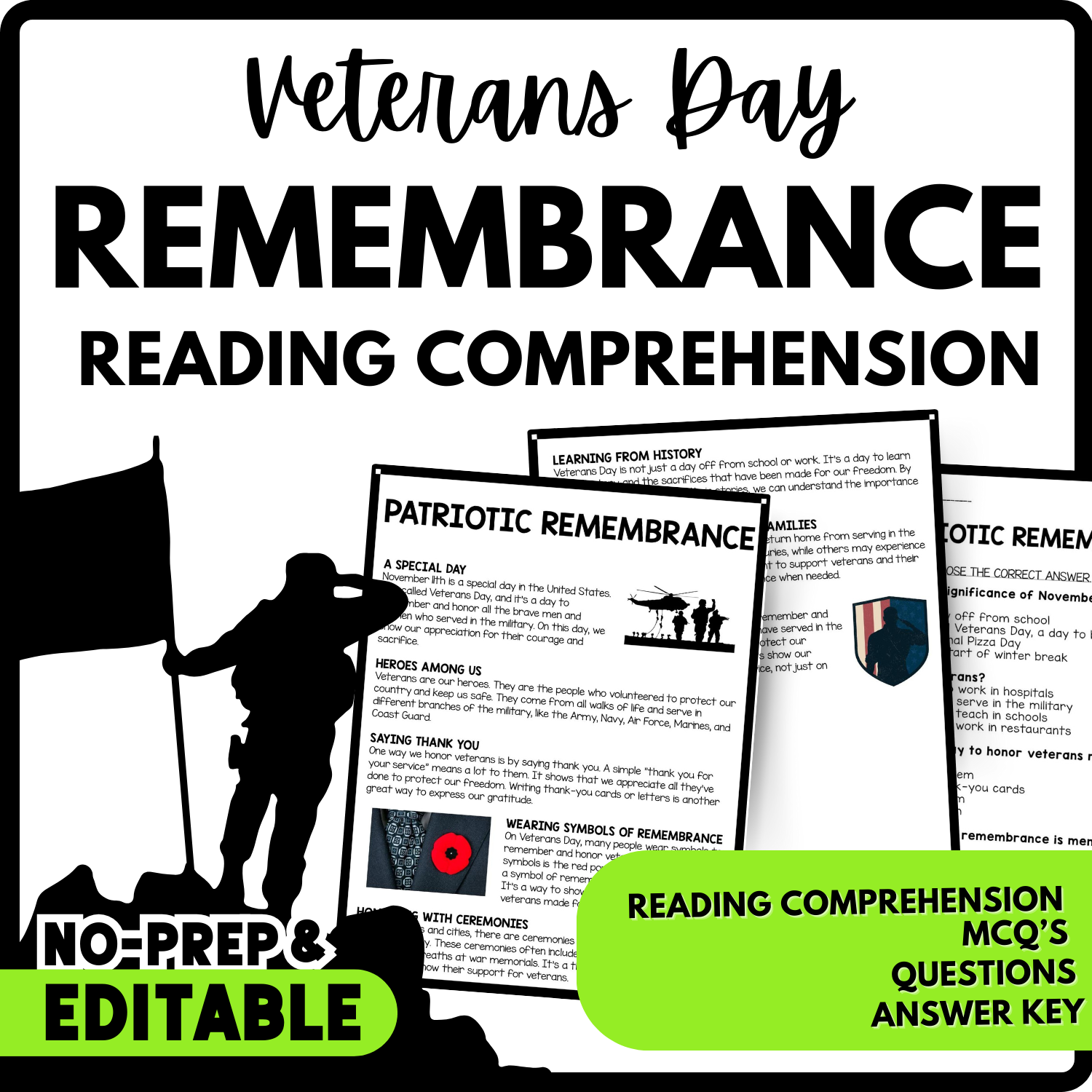 Patriotic Remembrance Reading Comprehension Worksheet-Printable and Editable