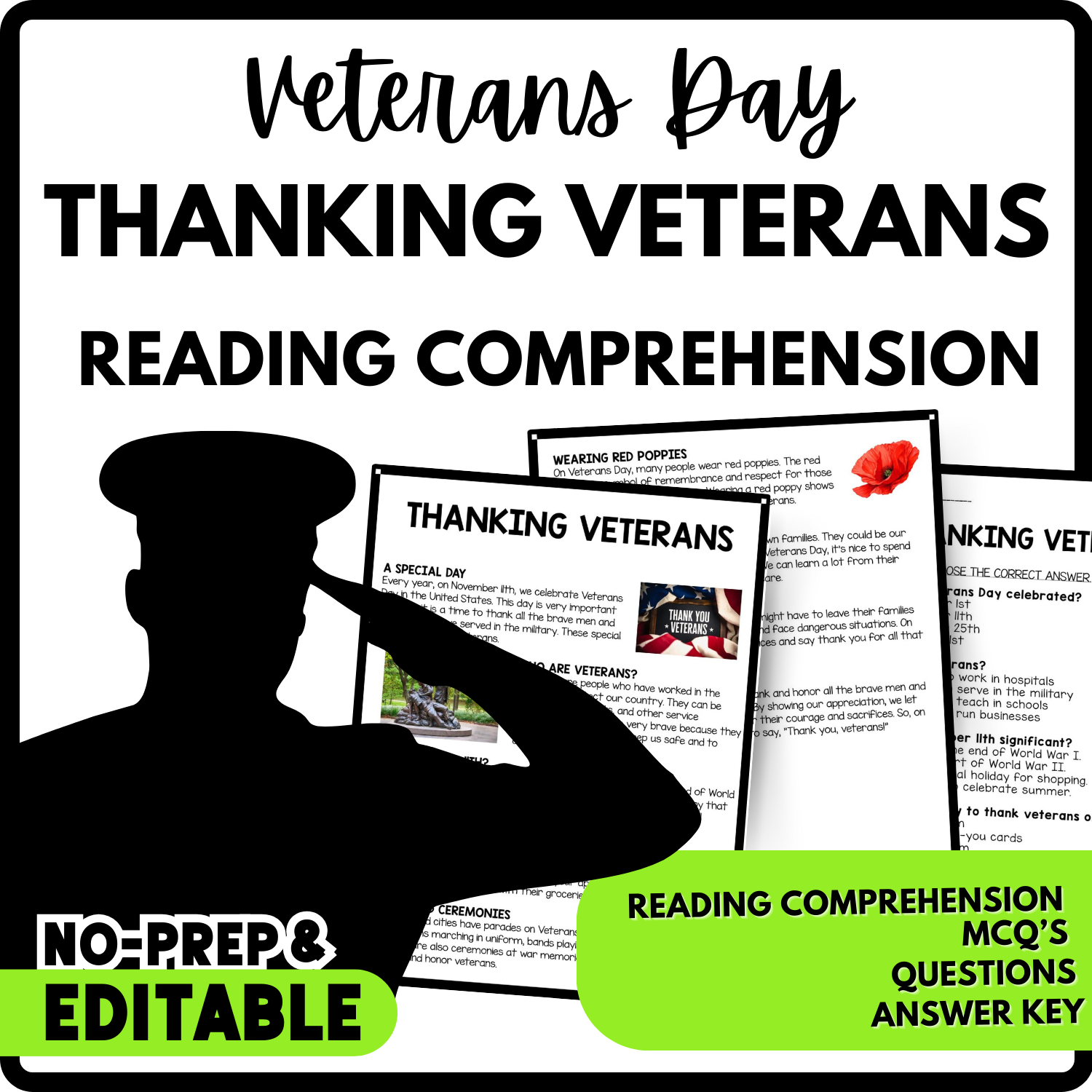 Thanking Veterans Reading Comprehension Worksheet-Printable and Editable