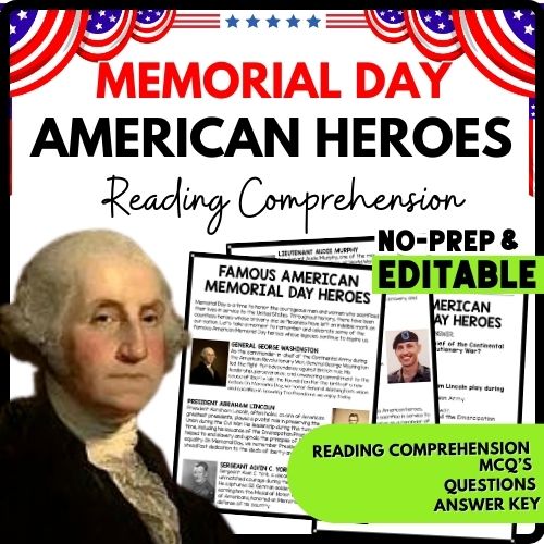 Famous American Memorial Day Heroes Reading Comprehension Worksheet-Printable and Editable