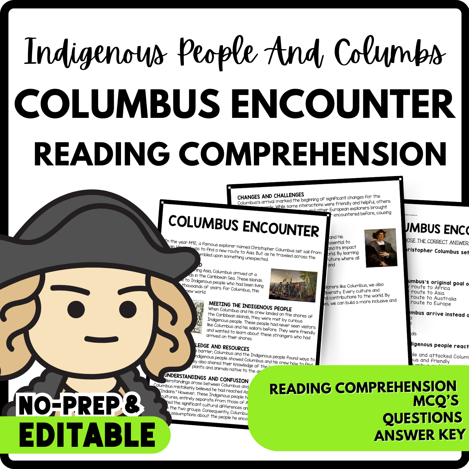Columbus Encounter Reading Comprehension Worksheet-Printable and Editable