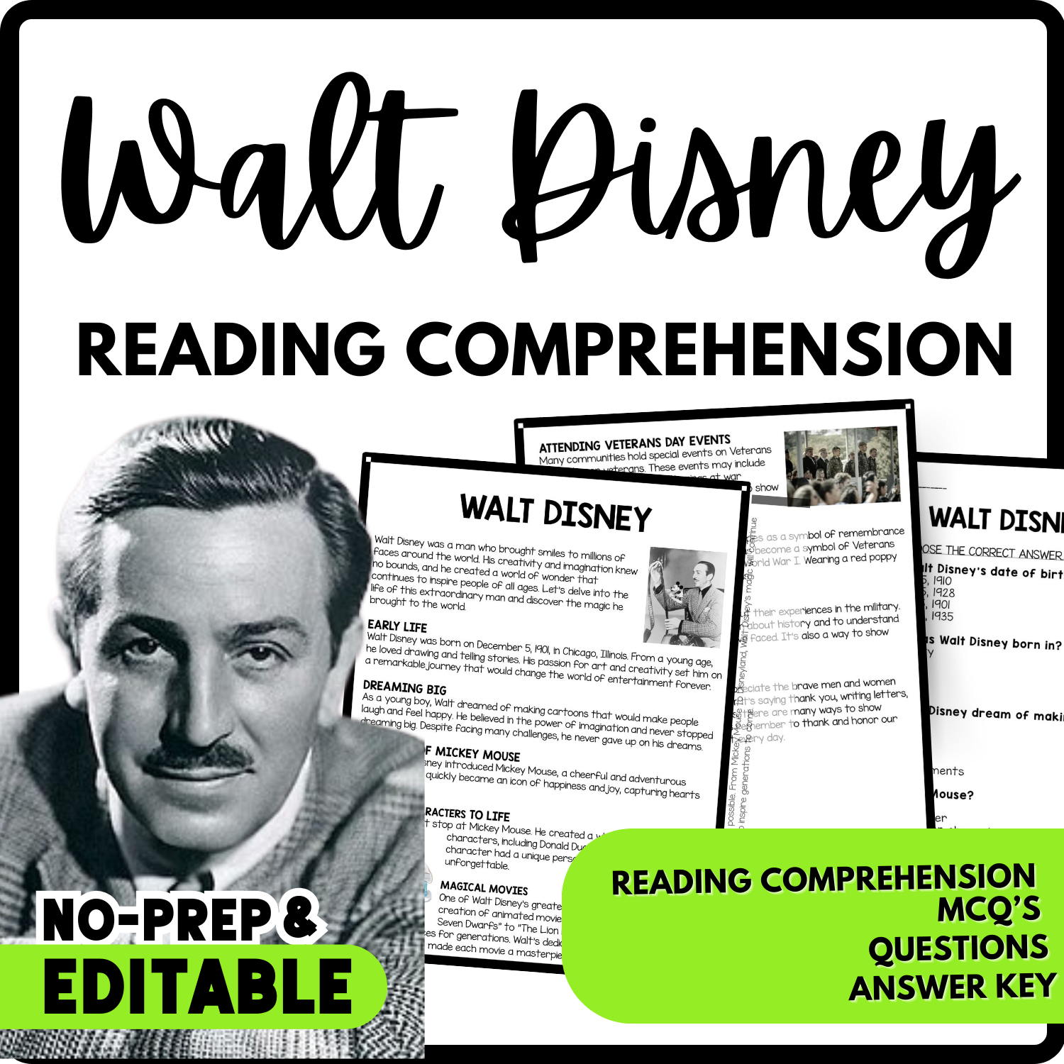Walt Disney Reading Comprehension Worksheet-Printable and Editable