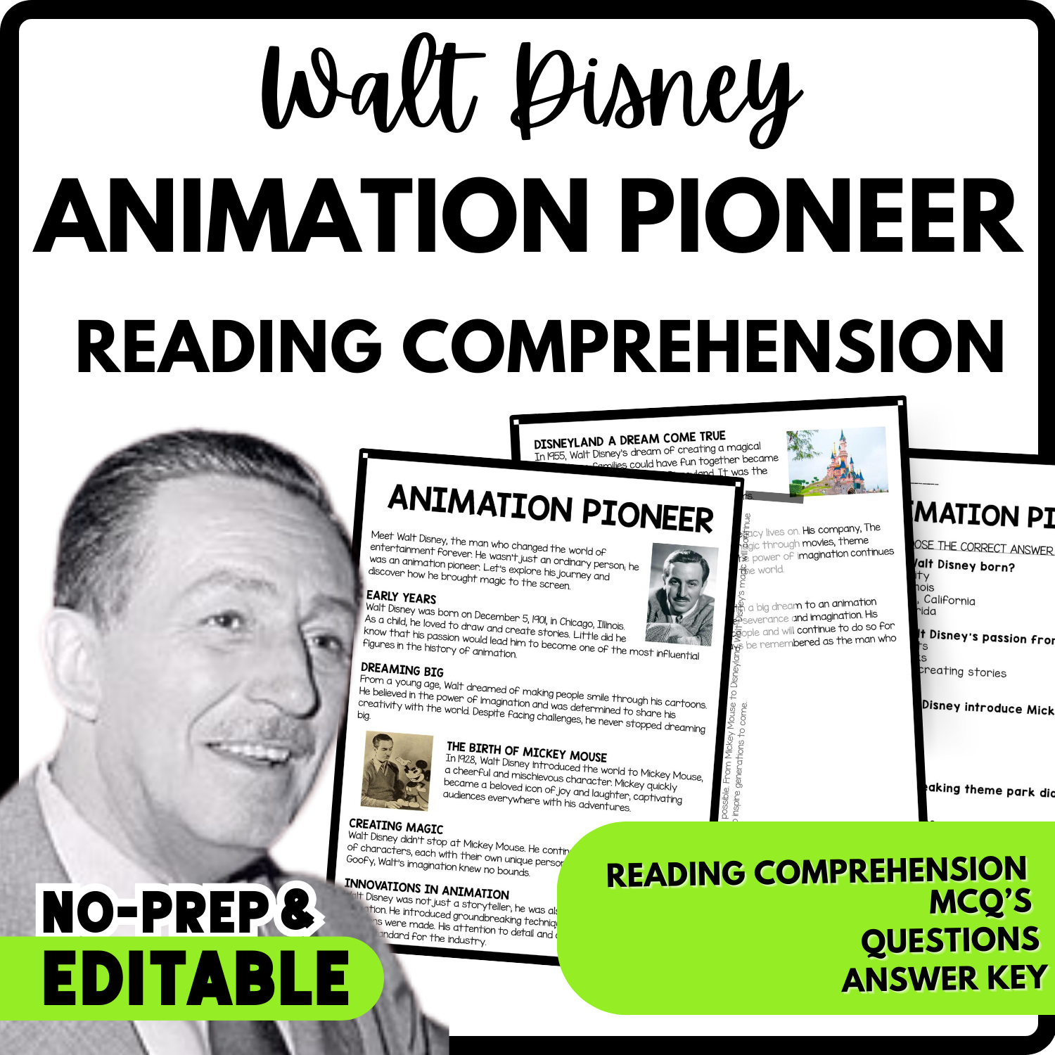 Animation Pioneer Reading Comprehension Worksheet-Printable and Editable