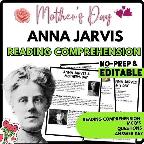 The Story of Anna Jarvis and Mothers Day Reading Comprehension Worksheet-Printable and Editable