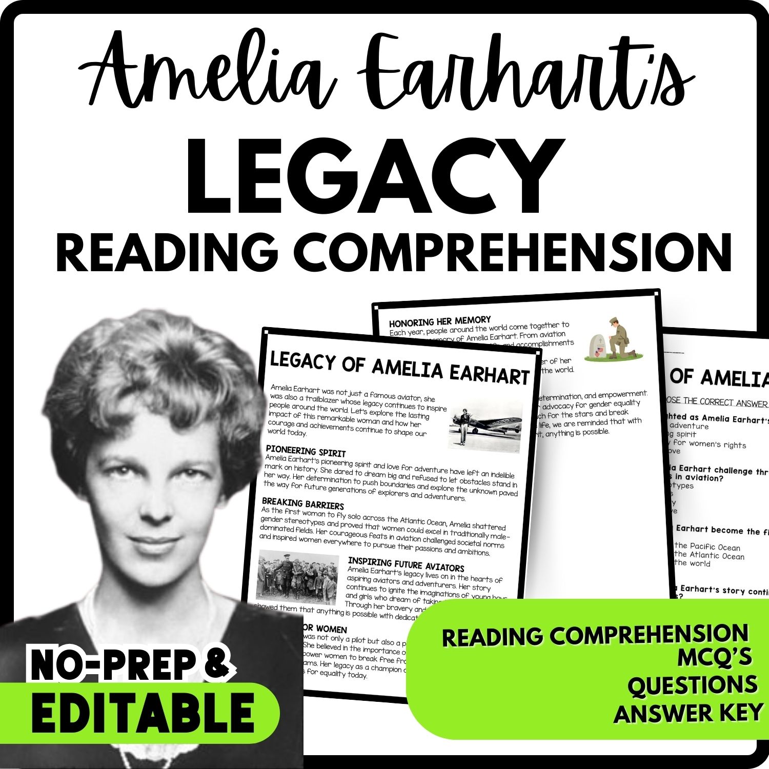 Legacy of Amelia Earhart Reading Comprehension Worksheet-Printable and Editable