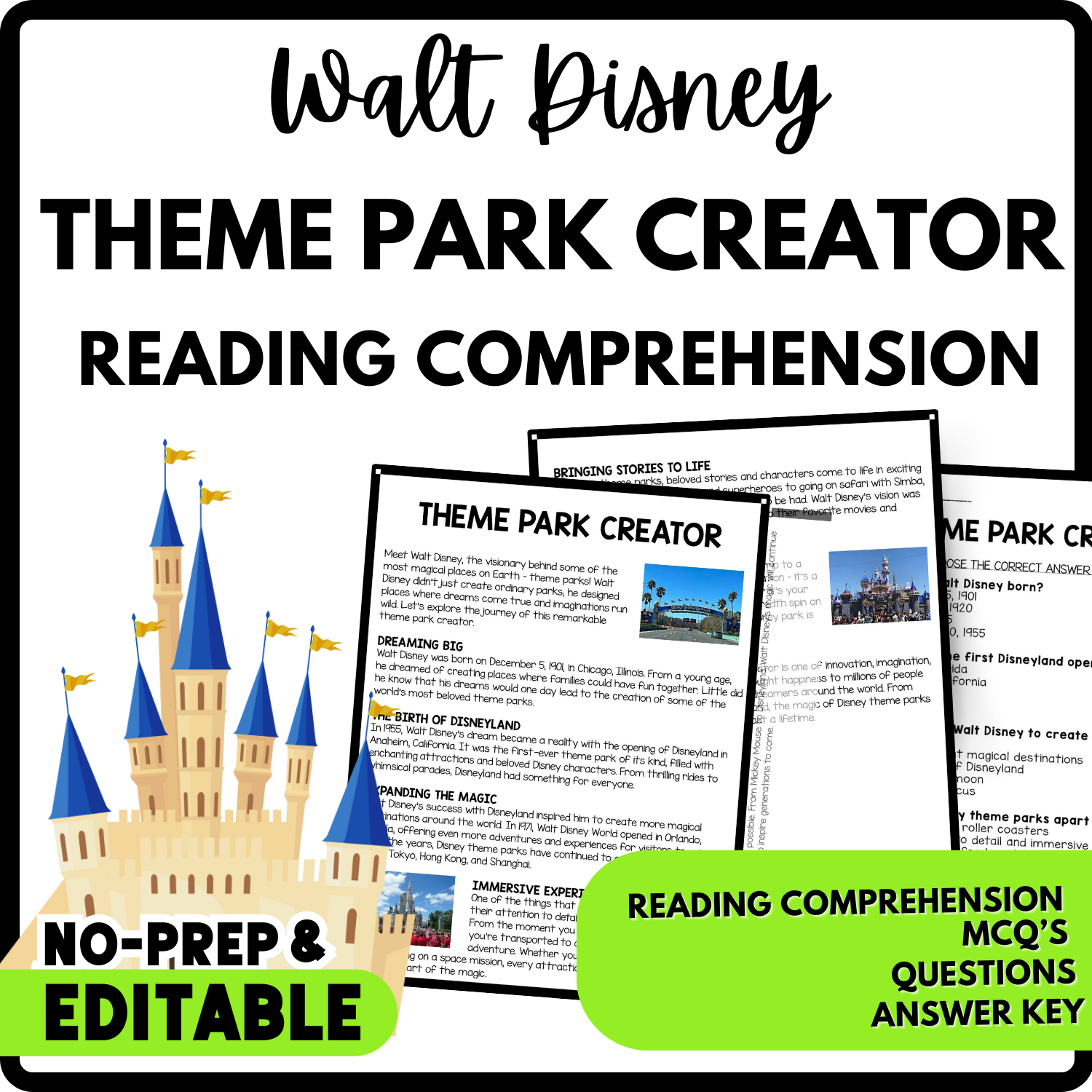 Theme Park Creator Reading Comprehension Worksheet-Printable and Editable