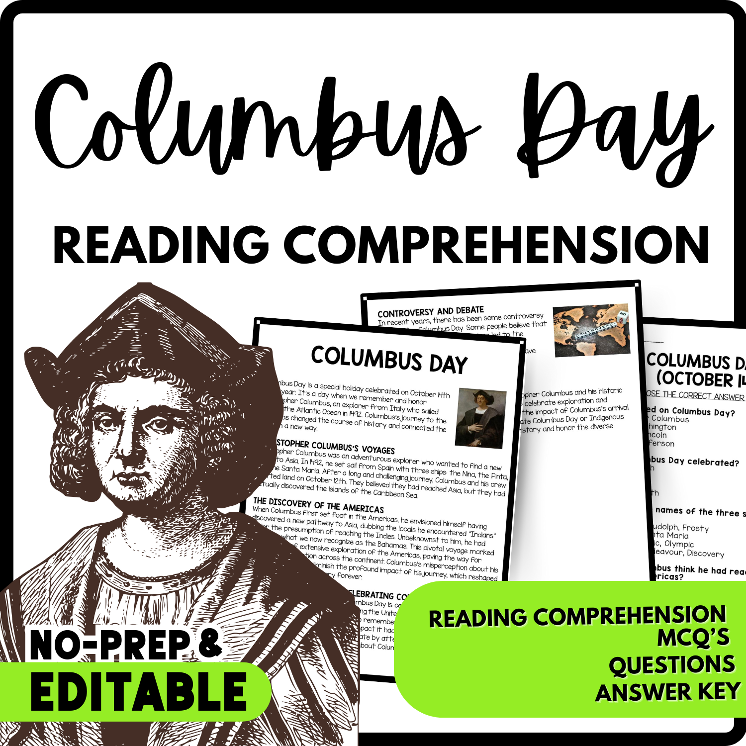 Columbus Day Reading Comprehension Worksheet-Printable and Editable