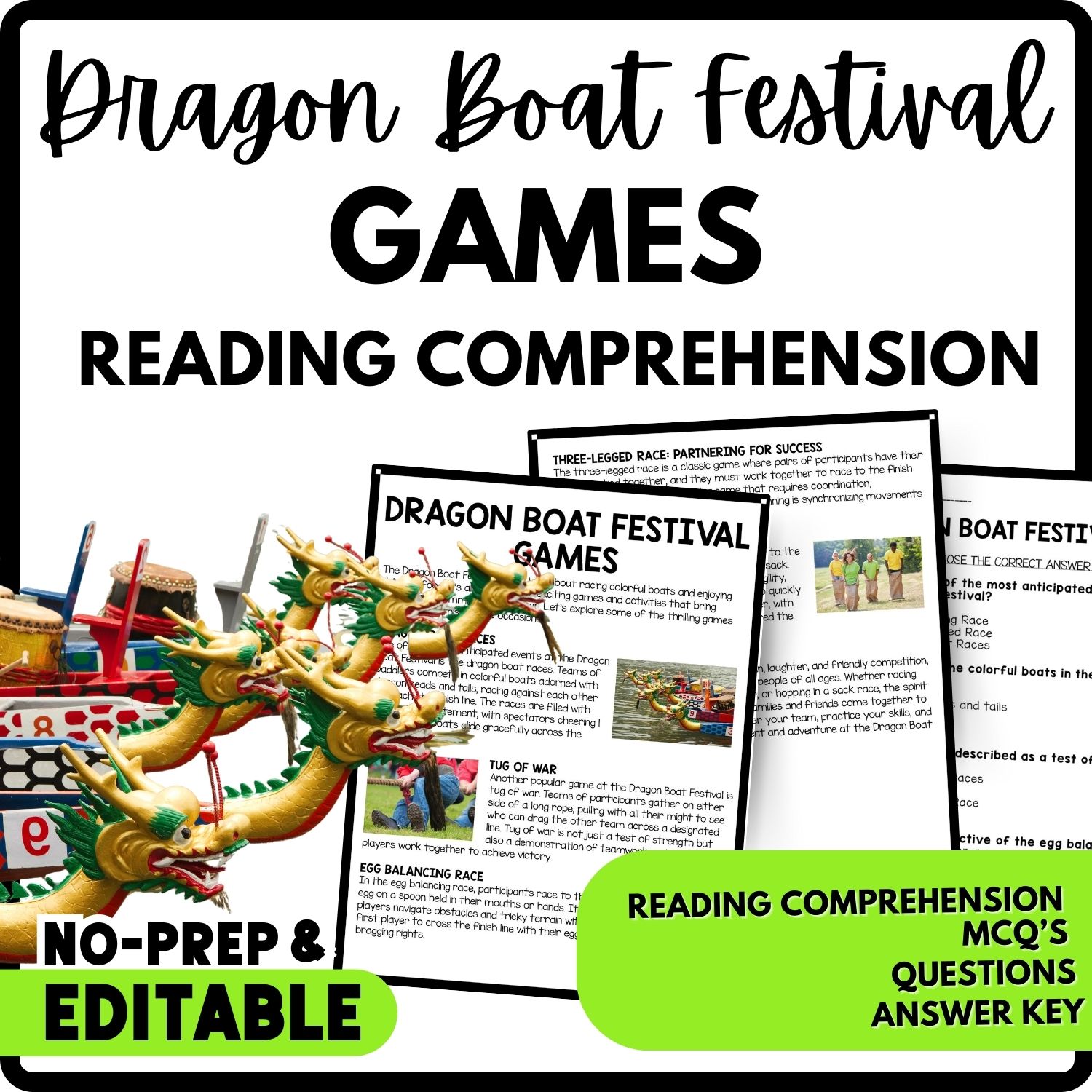 Dragon Boat Festival Games Reading Comprehension Worksheet-Printable and Editable