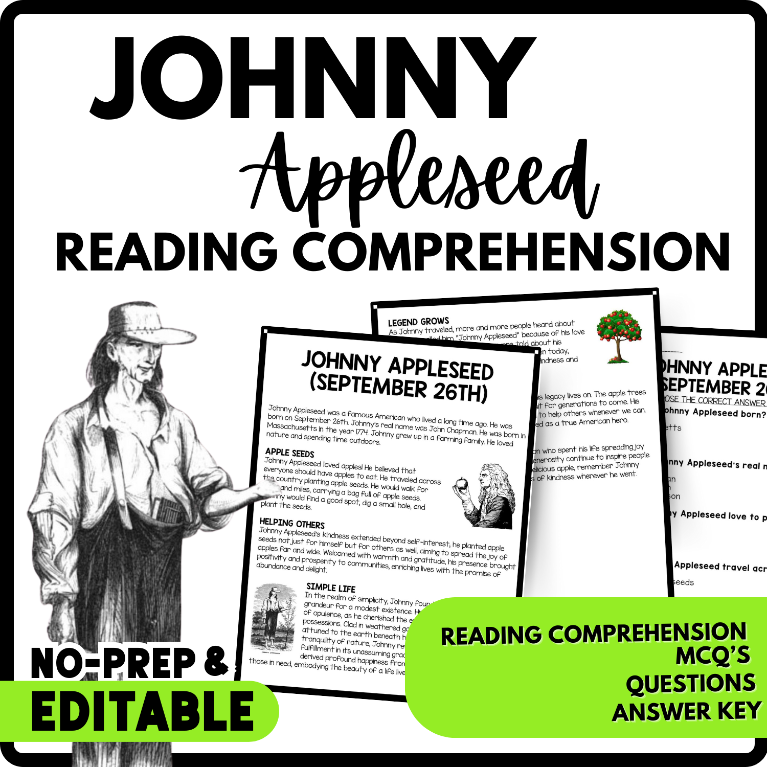 Johnny Appleseed Reading Comprehension Worksheet-Printable and Editable