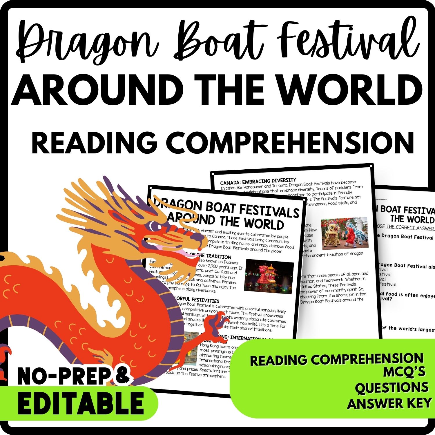 Dragon Boat Festivals Around the World Reading Comprehension Worksheet-Printable and Editable