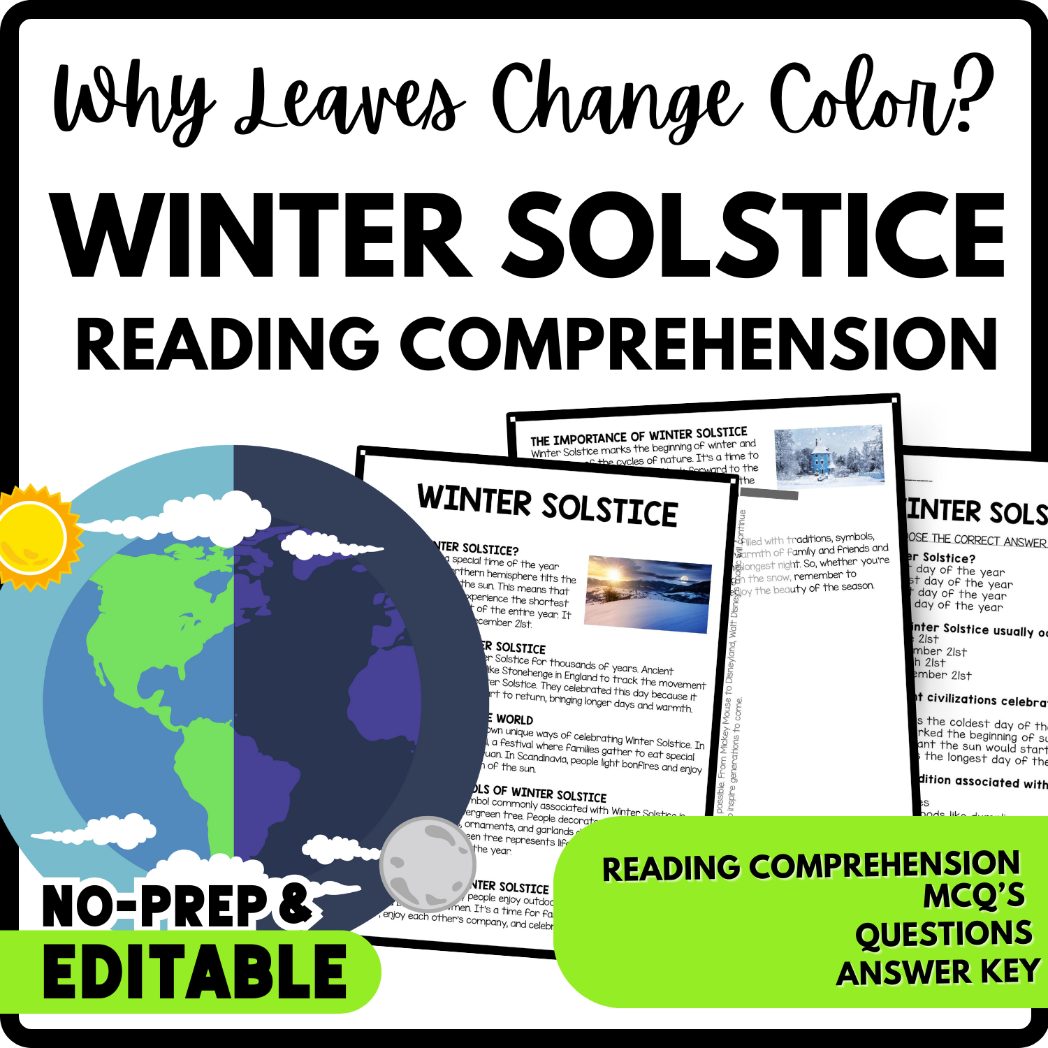 Winter Solstice Reading Comprehension Worksheet-Printable and Editable