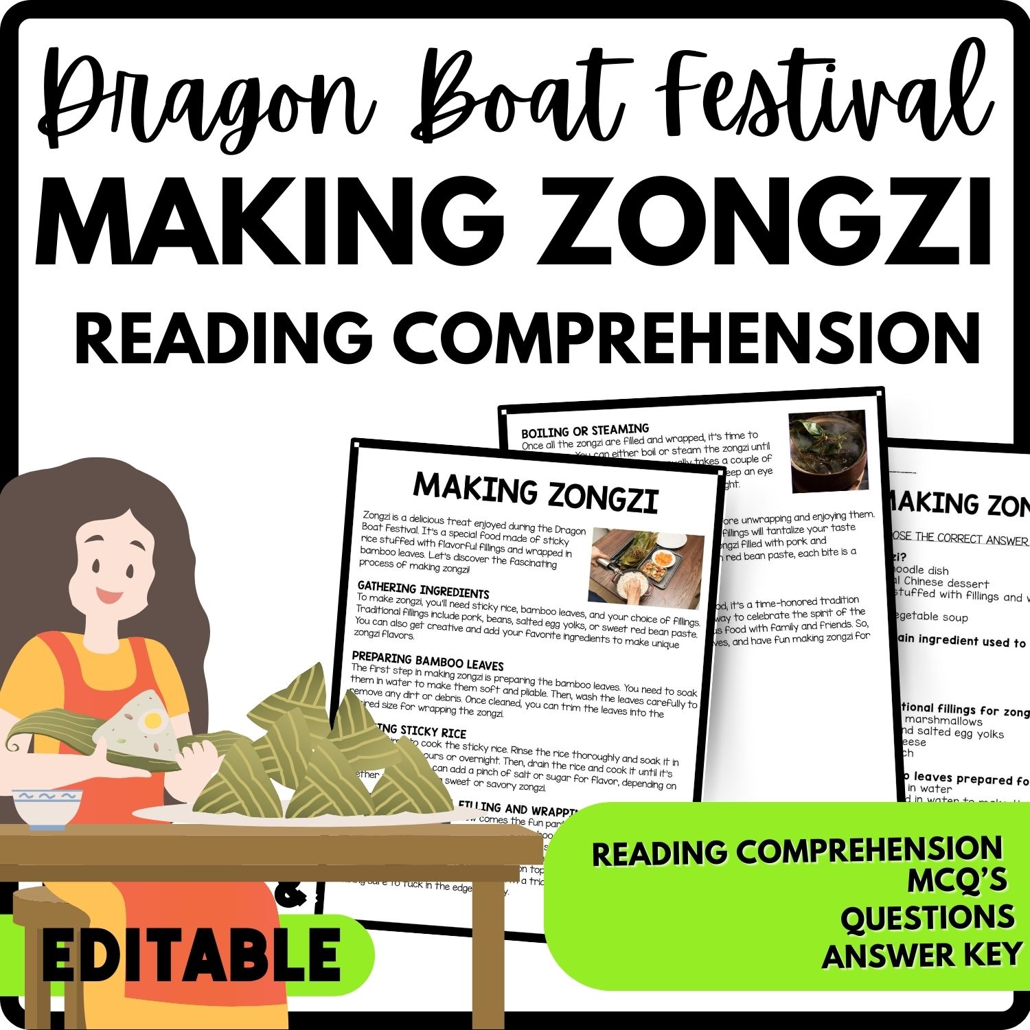 Making Zongzi Reading Comprehension Worksheet-Printable and Editable