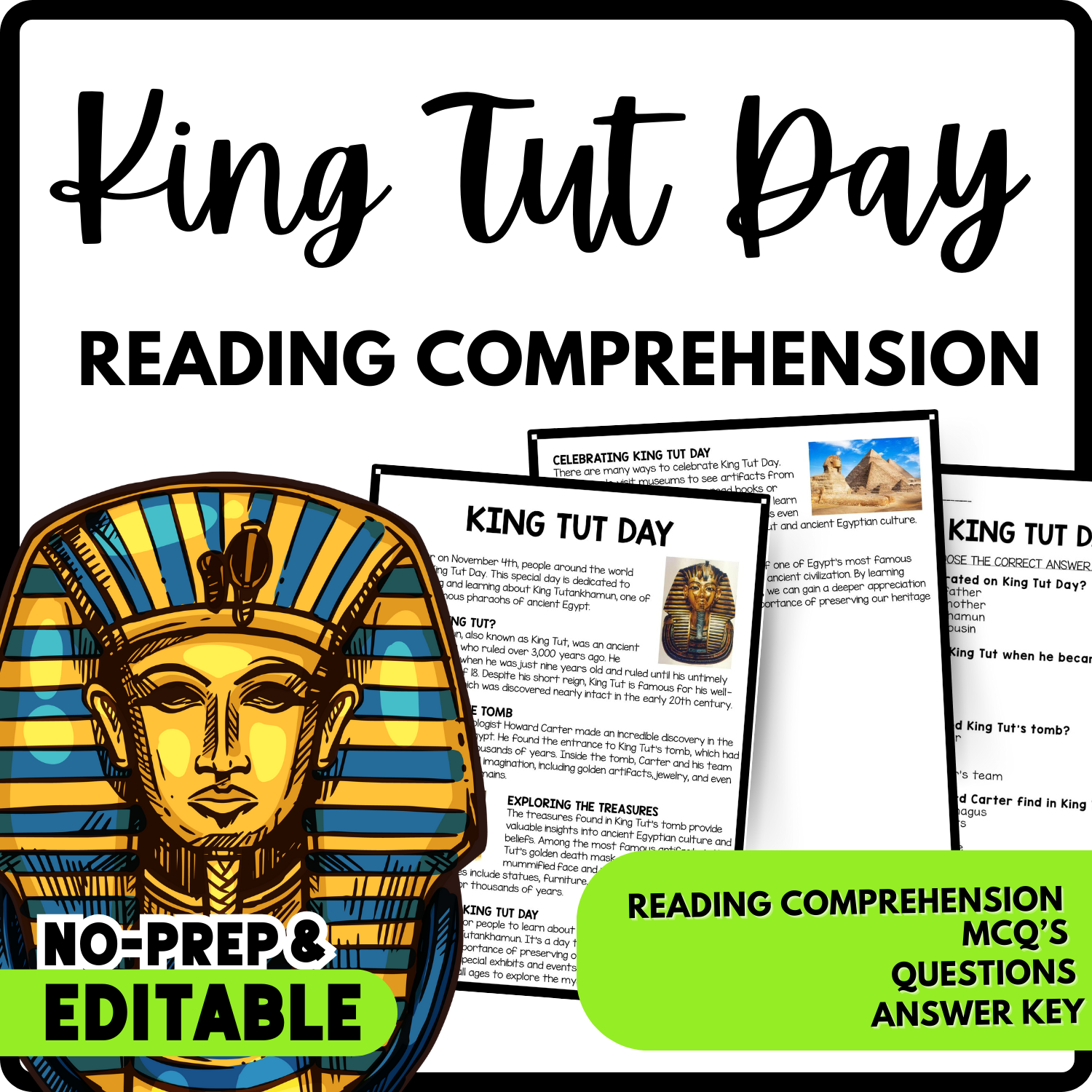 King Tut Day Reading Comprehension Worksheet-Printable and Editable