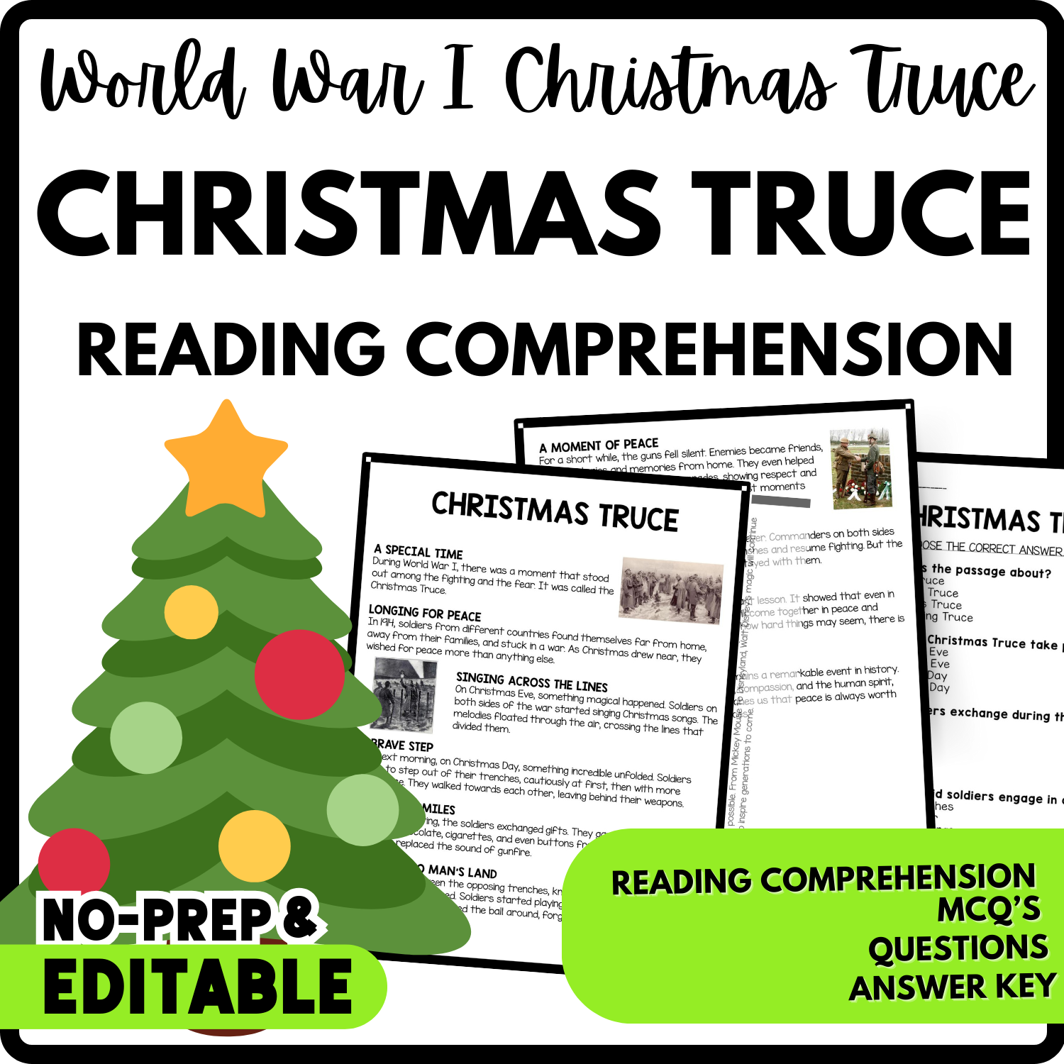 Christmas Truce Reading Comprehension Worksheet-Printable and Editable