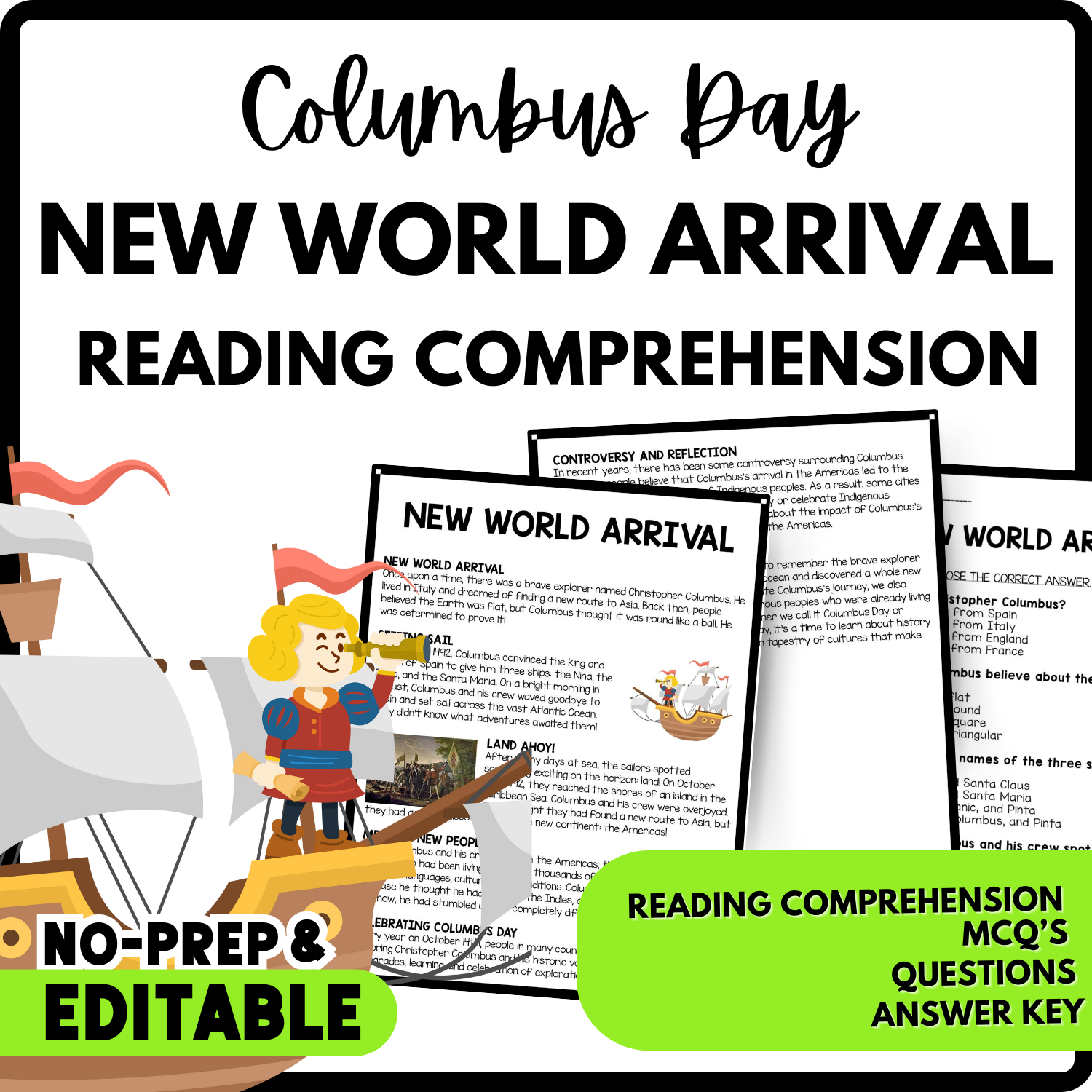 Women's History Month New World Arrival Reading Comprehension Worksheet-Printable and Editable