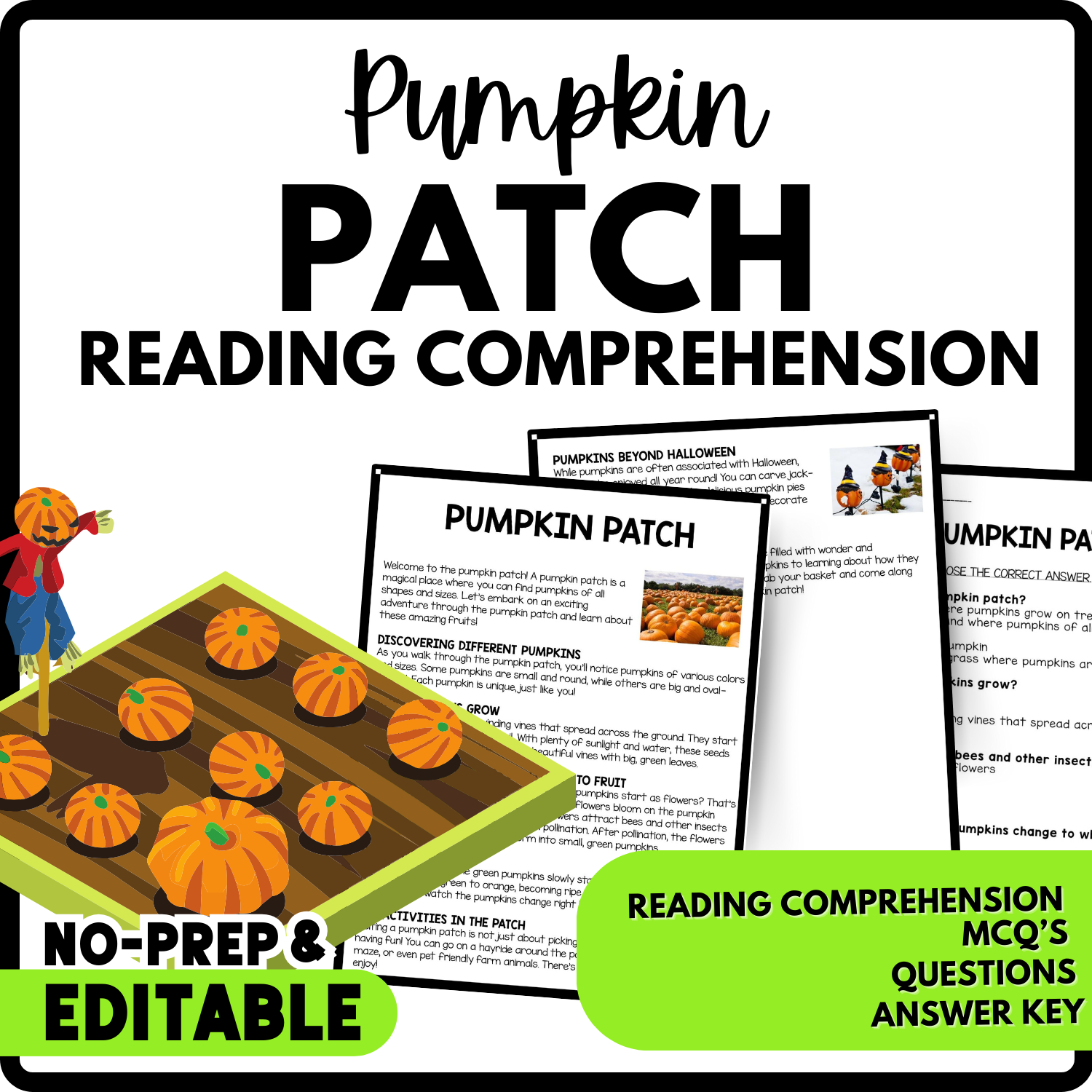 Pumpkin Patch Reading Comprehension Worksheet-Printable and Editable