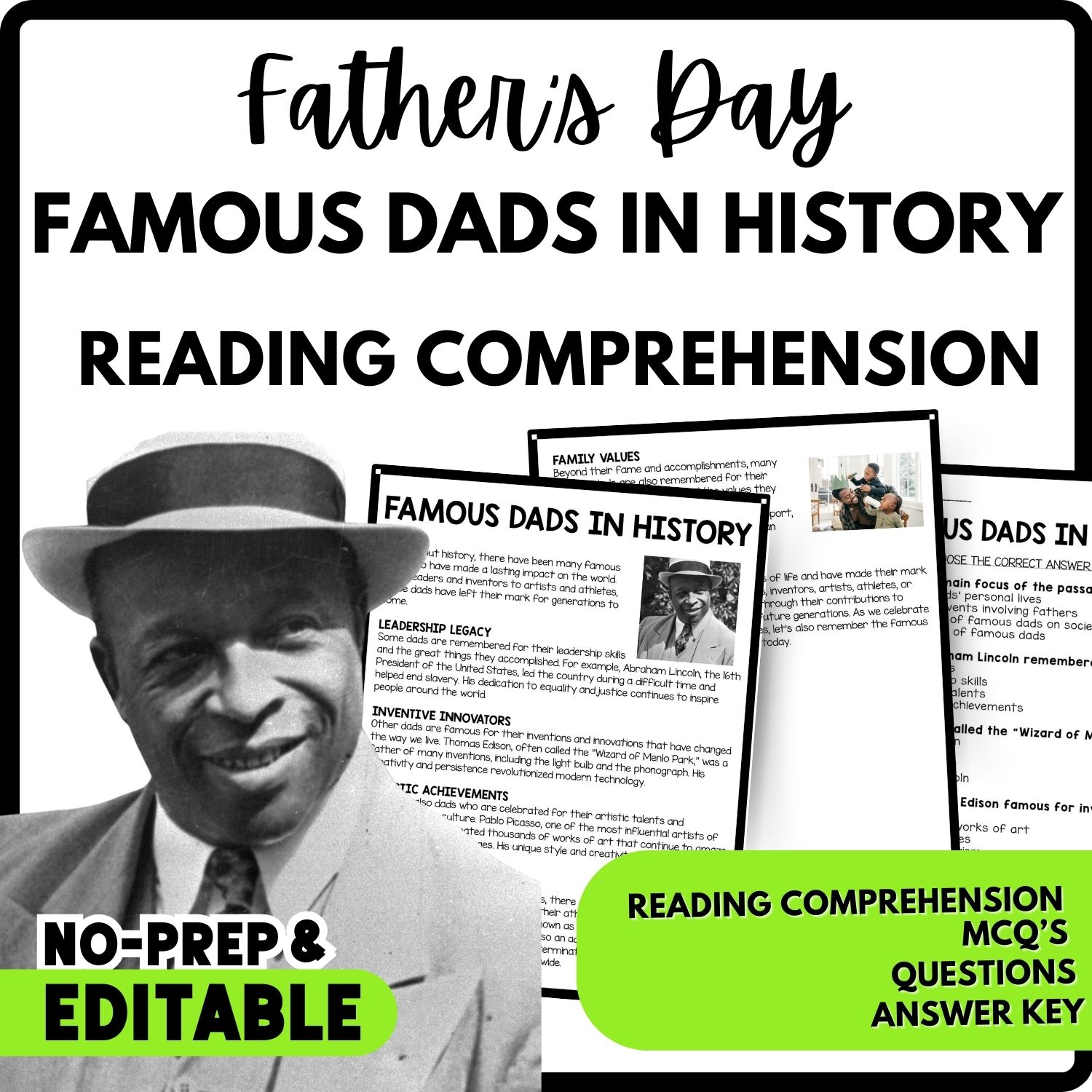 Famous Dads in History Reading Comprehension Worksheet-Printable and Editable