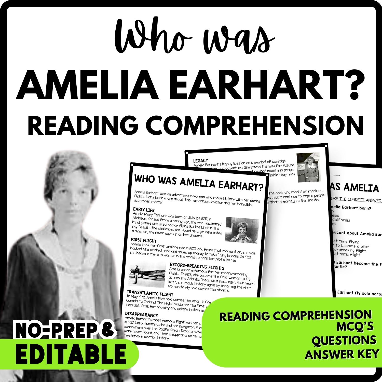 Who was Amelia Earhart Reading Comprehension Worksheet-Printable and Editable
