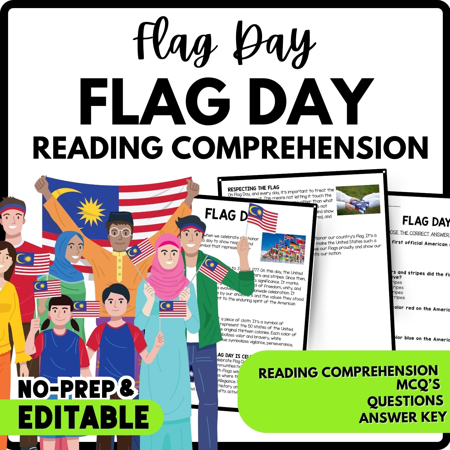 Flag Day Reading Comprehension Worksheet-Printable and Editable