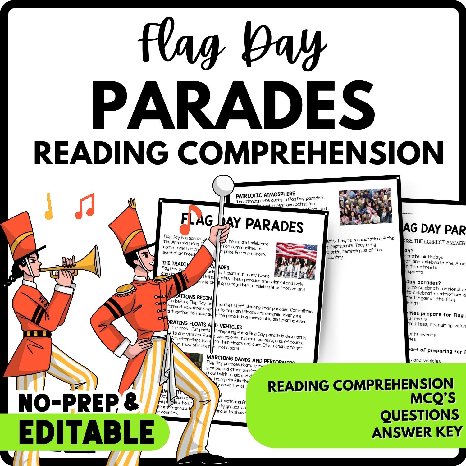 Flag Day Parades Reading Comprehension Worksheet-Printable and Editable