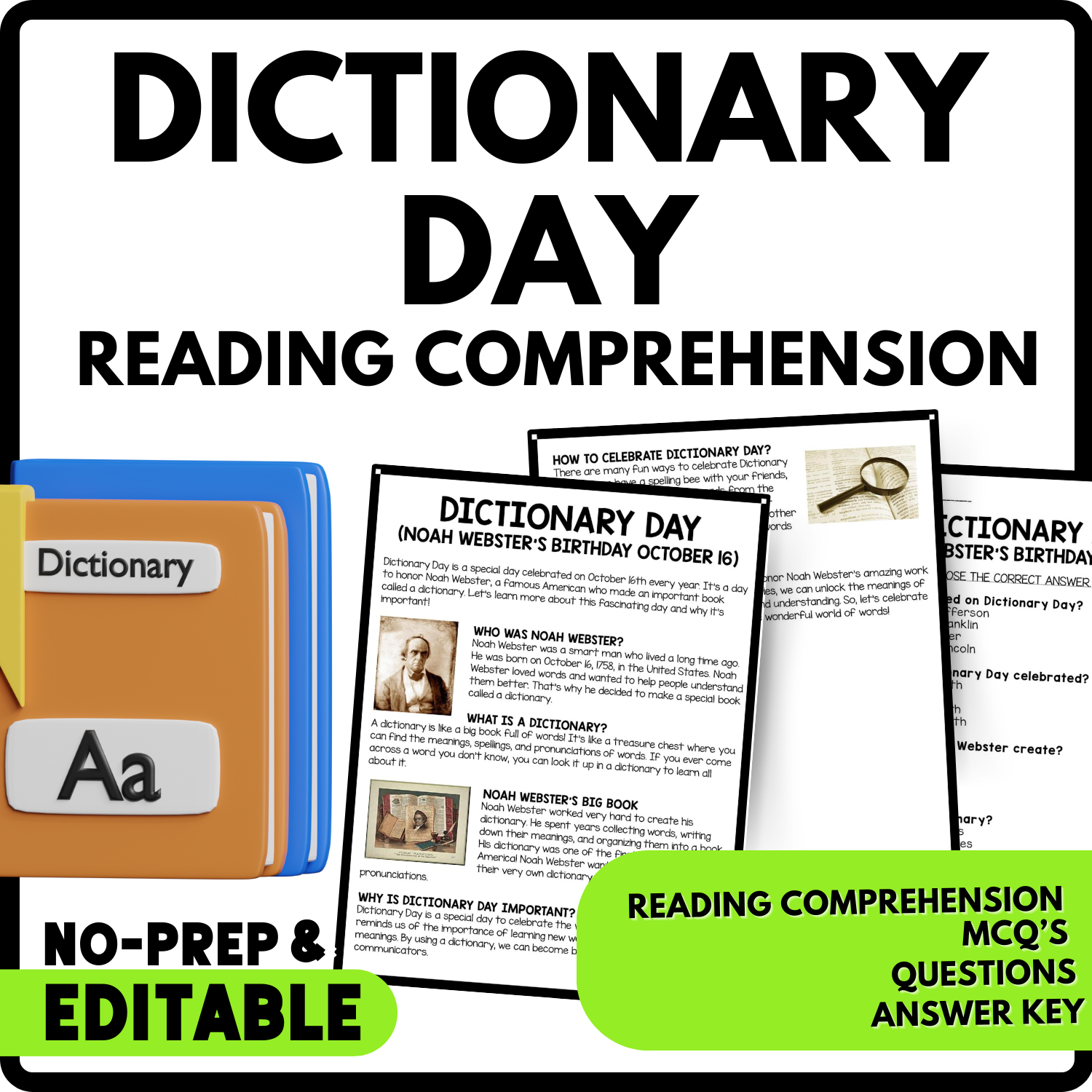 Dictionary Day (Noah Webster's Birthday October 16) Reading Comprehension Worksheet-Printable and Editable