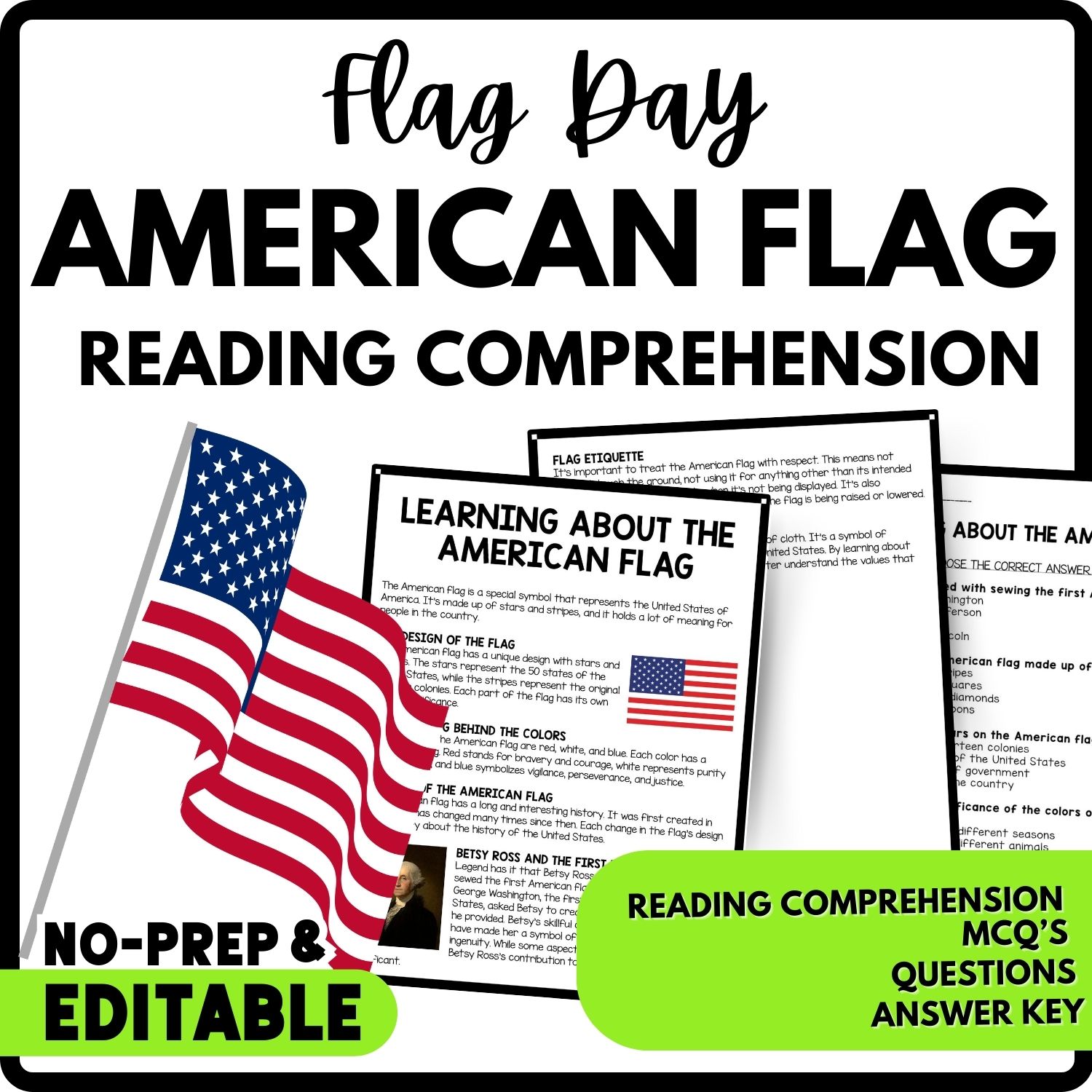 Learning About the American Flag Reading Comprehension Worksheet-Printable and Editable