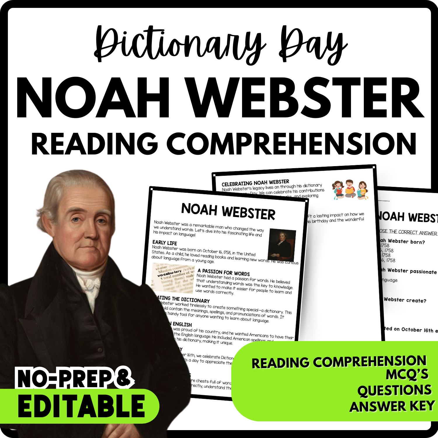 Women's History Month Noah Webster Reading Comprehension Worksheet-Printable and Editable