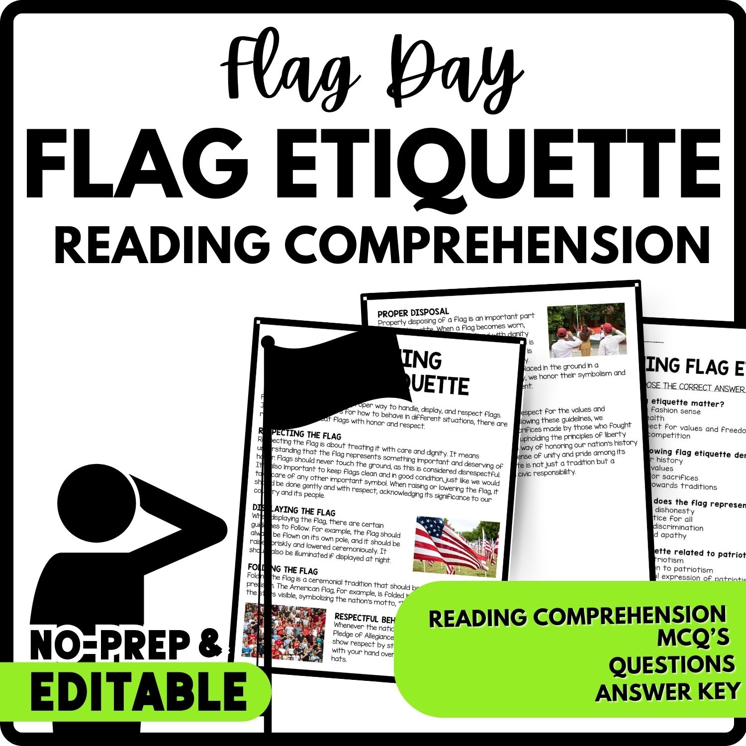 Learning Flag Etiquette Reading Comprehension Worksheet-Printable and Editable