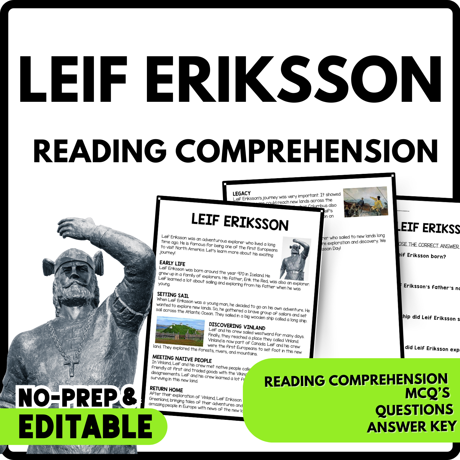 Leif Eriksson Reading Comprehension Worksheet-Printable and Editable