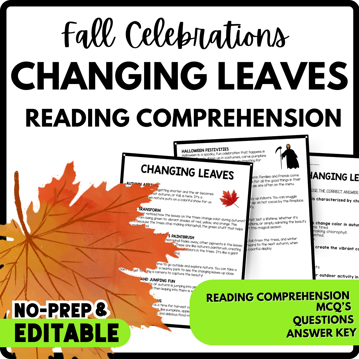 Women's History Month Changing Leaves Reading Comprehension Worksheet-Printable and Editable