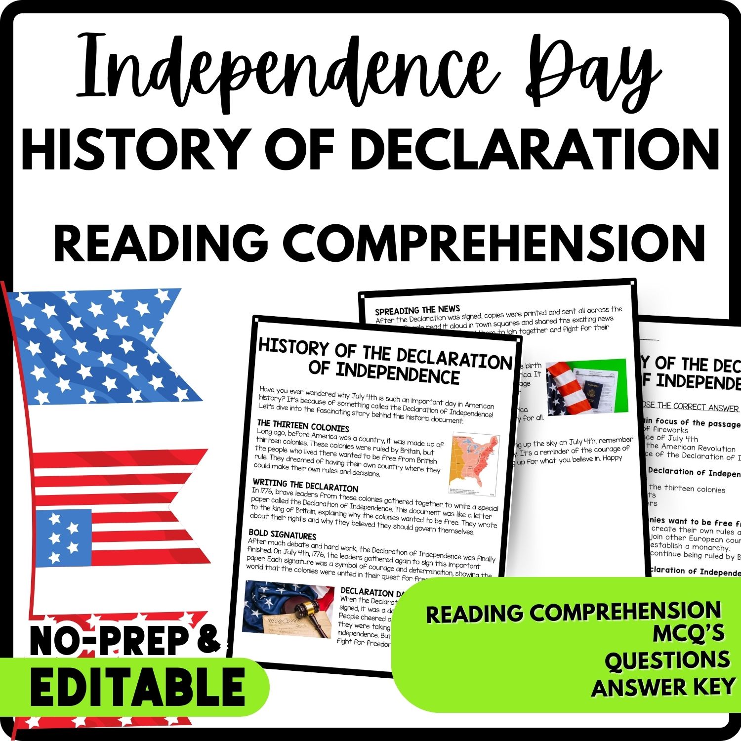 History of the Declaration of Independence Reading Comprehension Worksheet-Printable and Editable