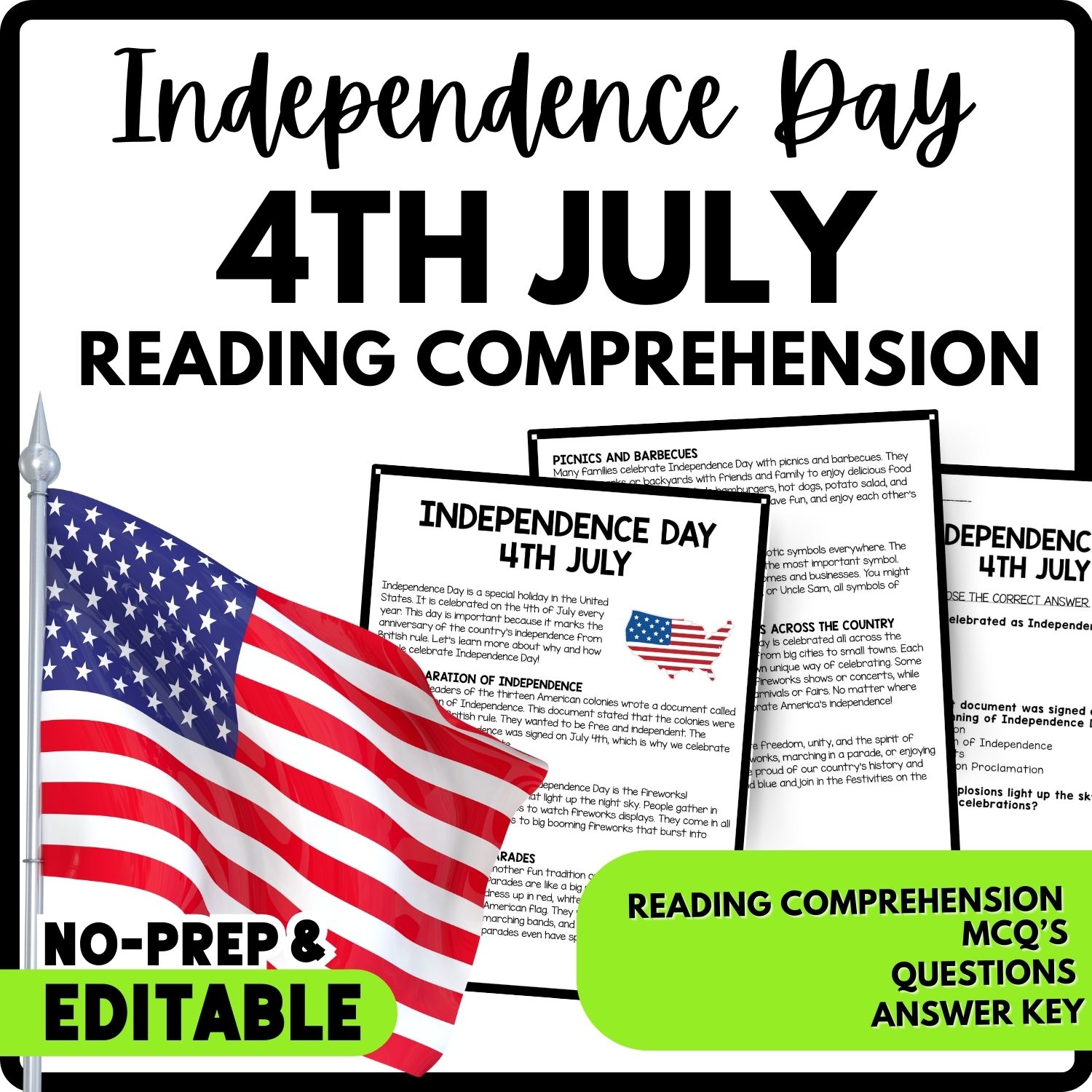 Independence Day 4th July Reading Comprehension Worksheet-Printable and Editable