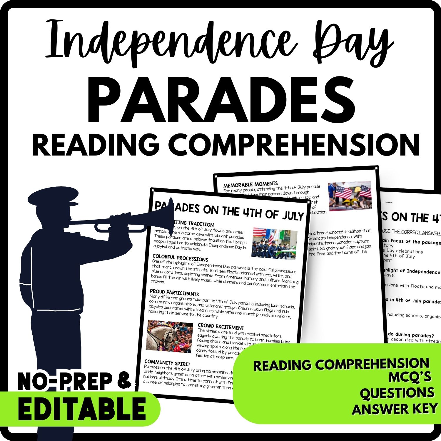 Parades on the 4th of July Reading Comprehension Worksheet-Printable and Editable