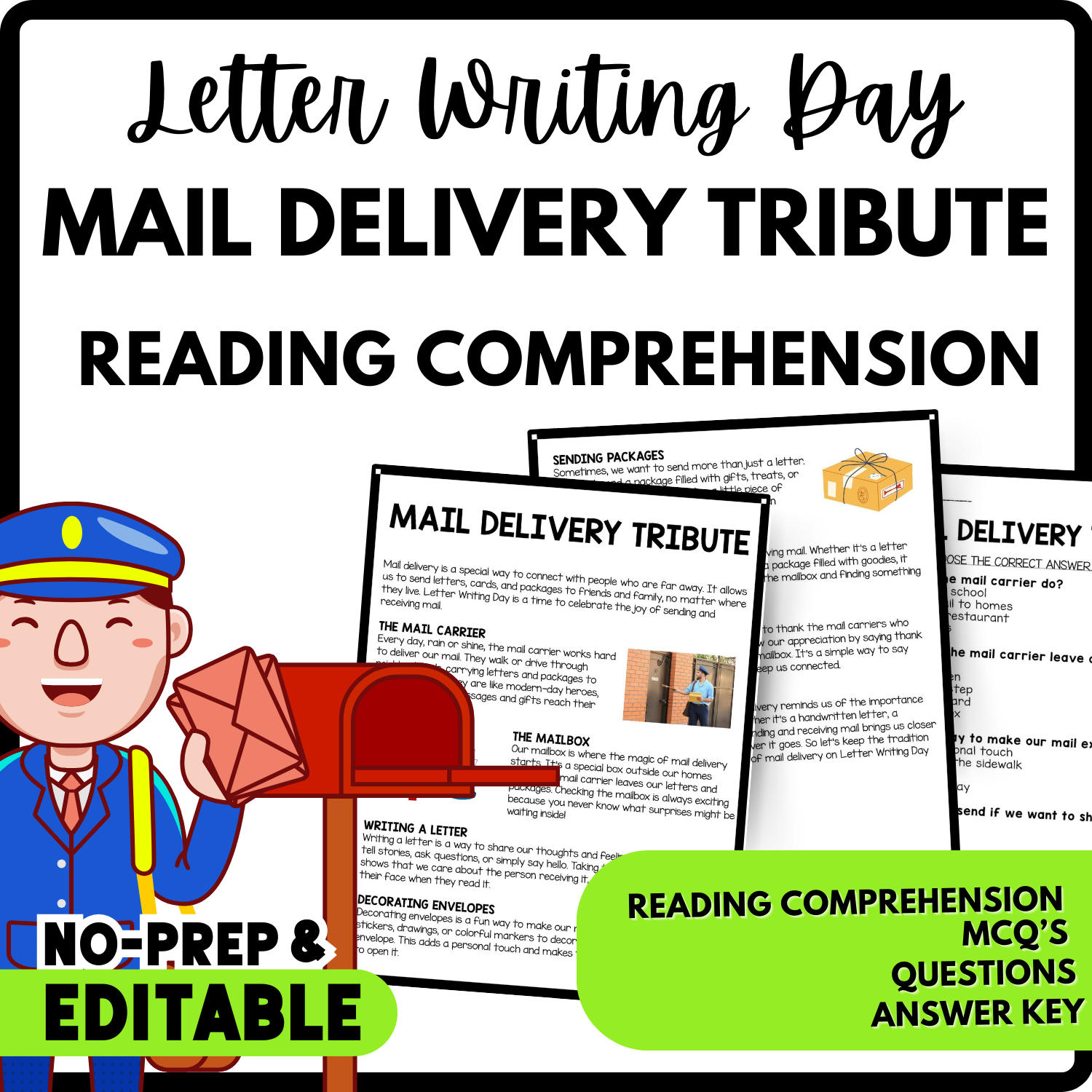 Mail Delivery Tribute Reading Comprehension Worksheet-Printable and Editable