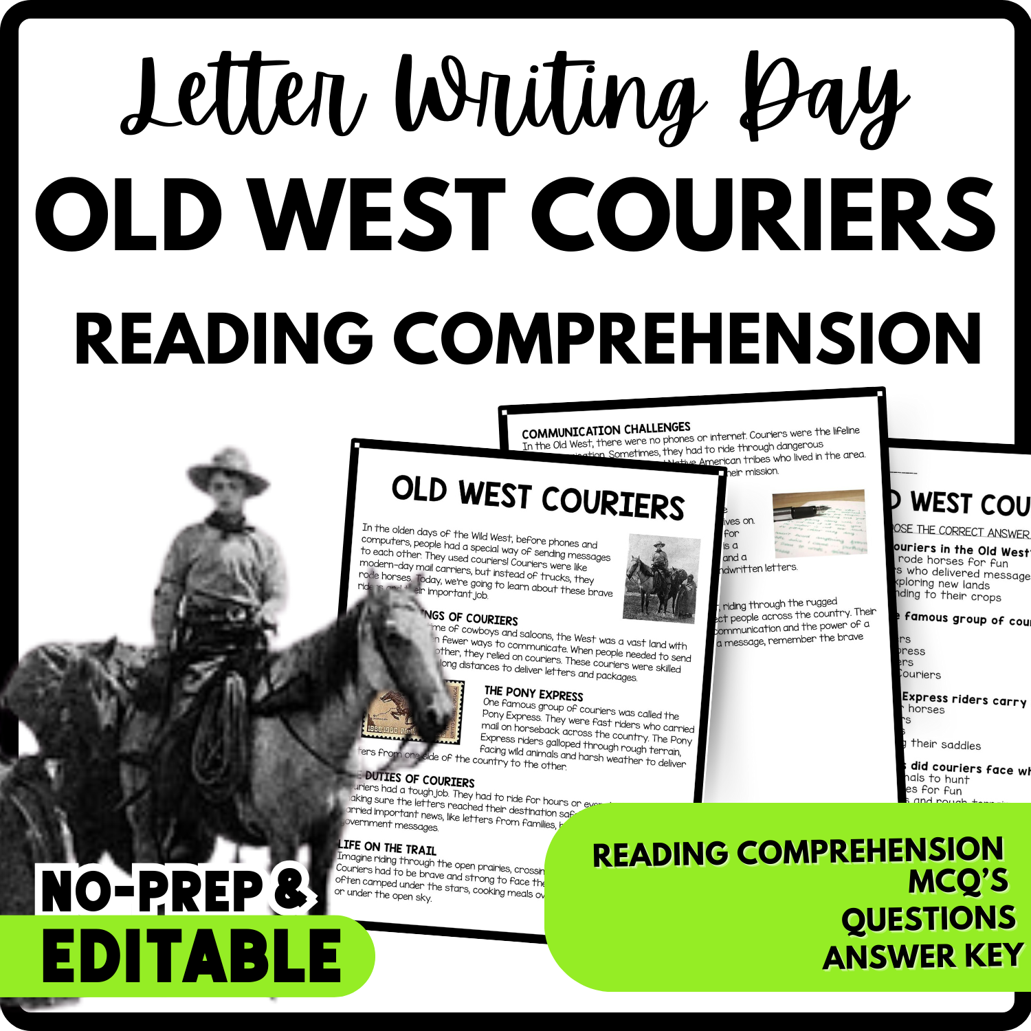 Old West Couriers Reading Comprehension Worksheet-Printable and Editable