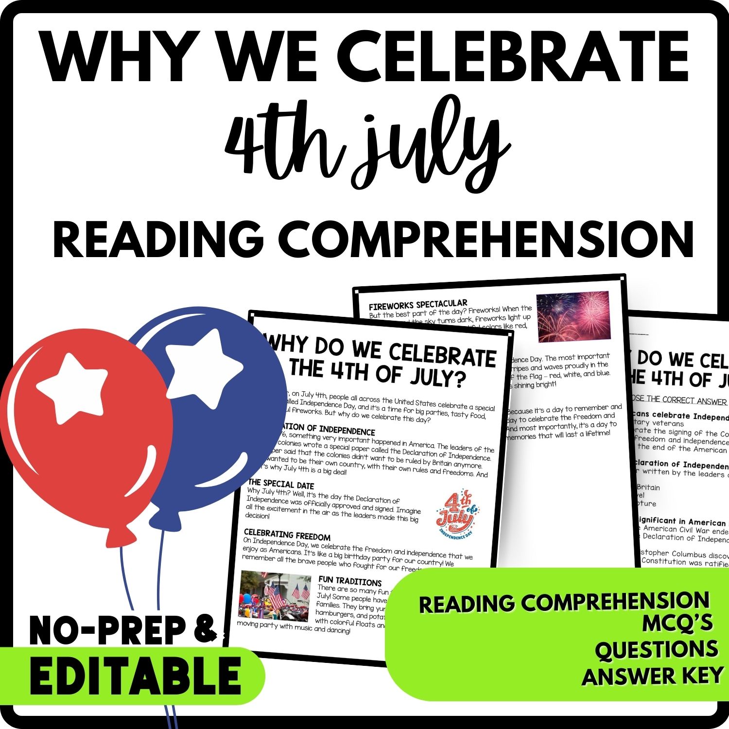 Why do we celebrate the 4th of July? Reading Comprehension Worksheet-Printable and Editable