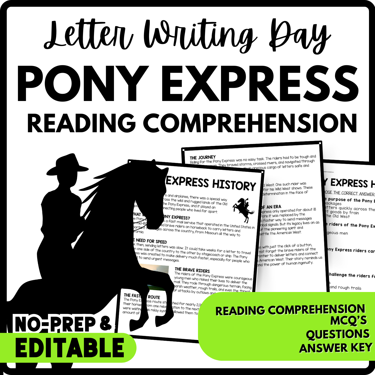 Pony Express History Reading Comprehension Worksheet-Printable and Editable