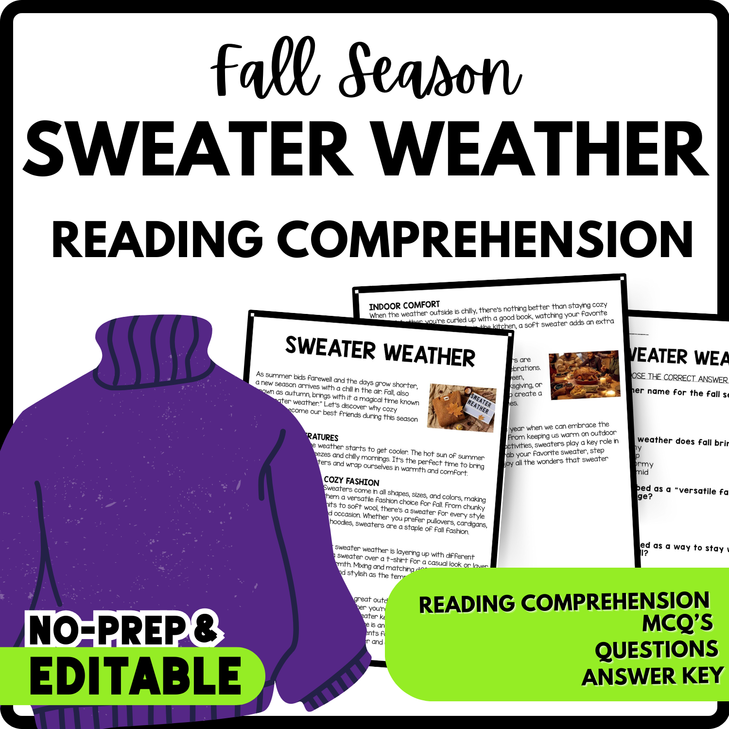 Women's History Month Sweater Weather Reading Comprehension Worksheet-Printable and Editable
