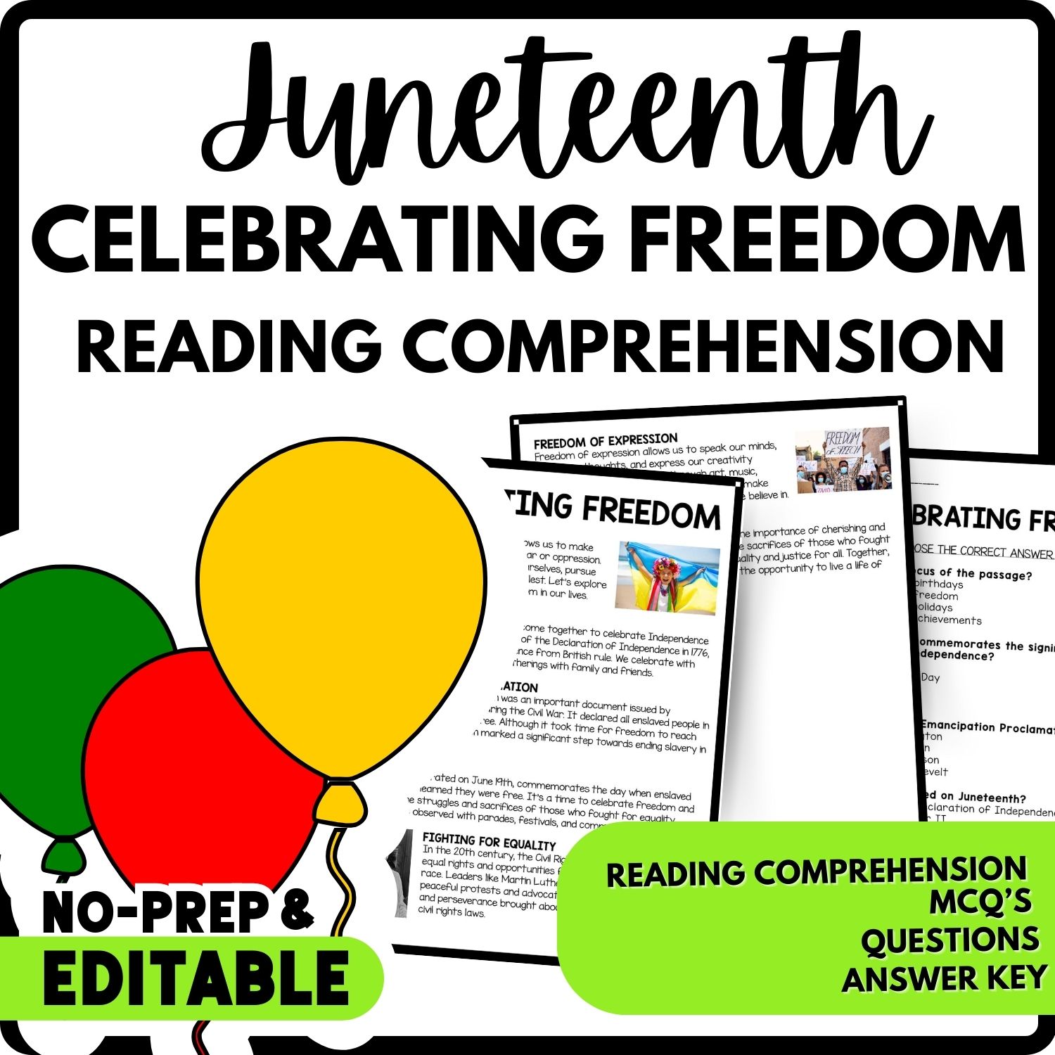 Celebrating Freedom Reading Comprehension Worksheet-Printable and Editable