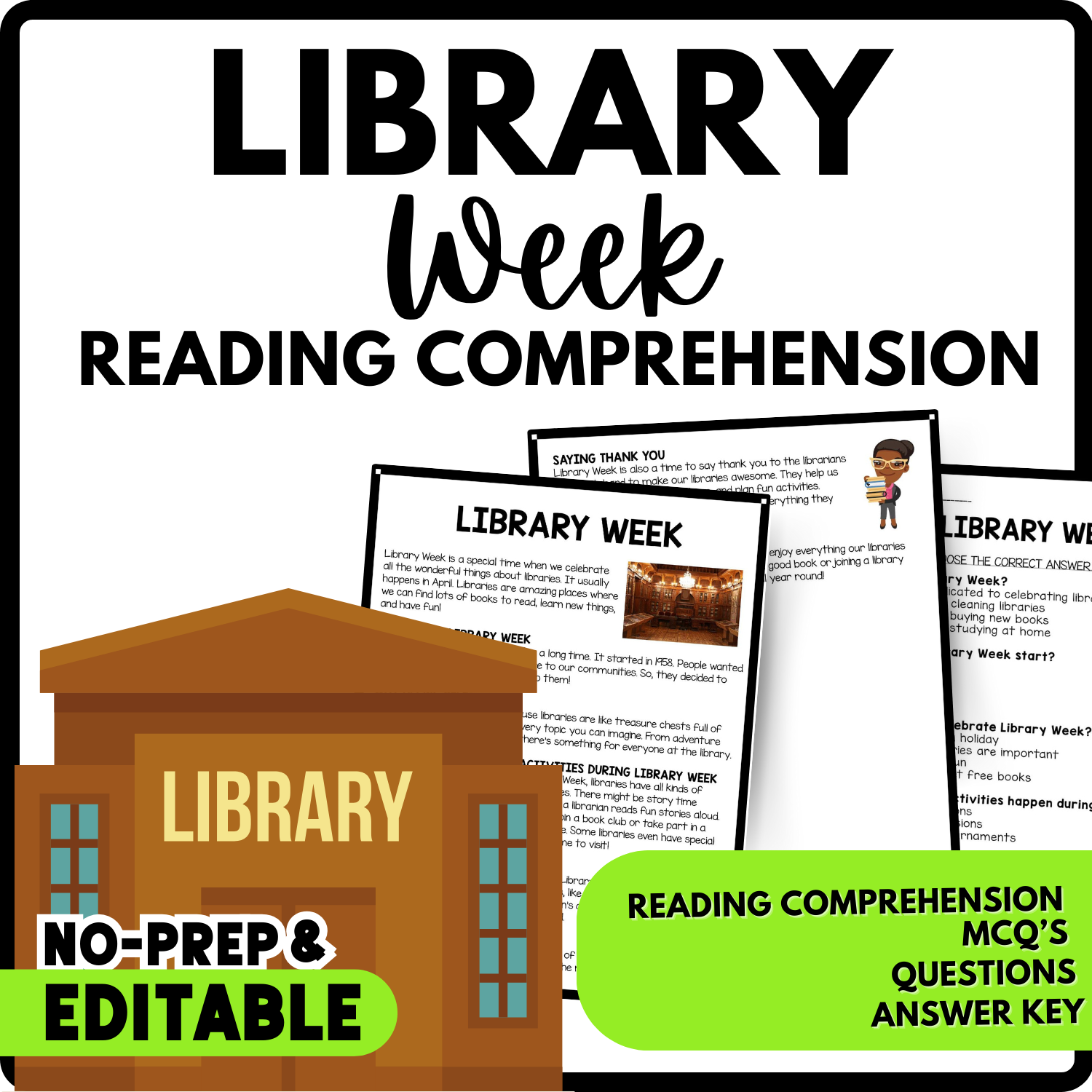 Library Week Reading Comprehension Worksheet-Printable and Editable