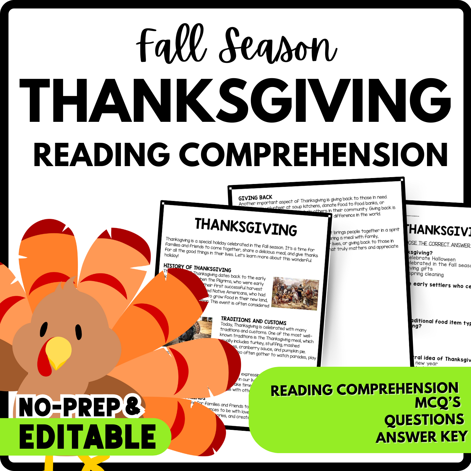 Women's History Month Thanksgiving Reading Comprehension Worksheet-Printable and Editable