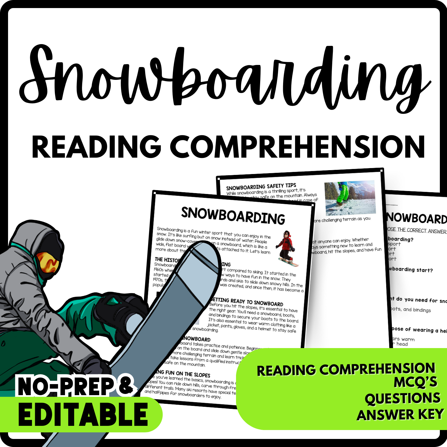 Snowboarding Reading Comprehension Worksheet-Printable and Editable